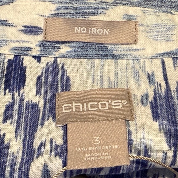 Chico's Womens No Iron Linen Ikat Print Button Down Shirt Blue White Size 3XL - Picture 4 of 14